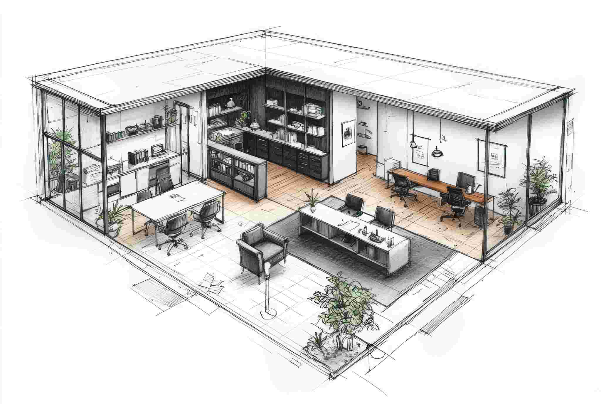 modern office space design architectural sketch